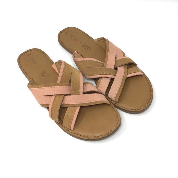 Toms Shoes - Toms | Val Tan Pink Suede Criss Cross Strap Slide Sandals 9.5
